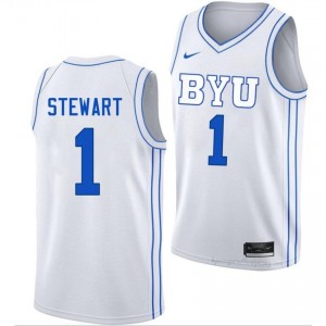 Trey Stewart #1 White BYU Cougars Licensed Basketball Jersey | Men's University Premium Uniform 49613S4f